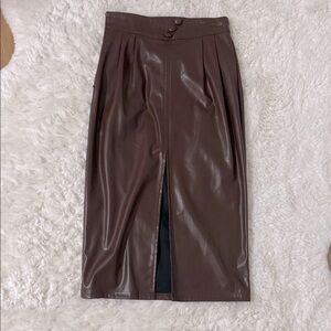 Brown Faux Leather Midi Skirt